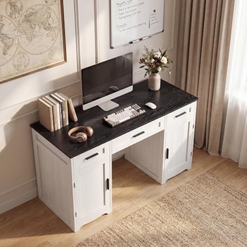 Farmhouse Executive Desk with Drawers, Wood Home Office Desk, Black