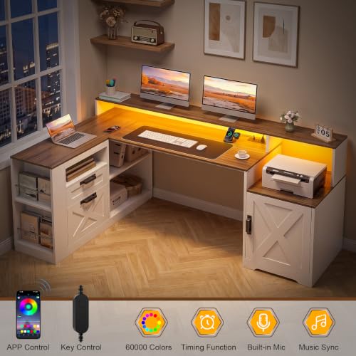L Shaped Executive Desk with Drawers & Outlets, LED Lights