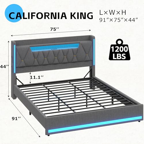 California King Bed Frames with Storage Headboard and LED Lights