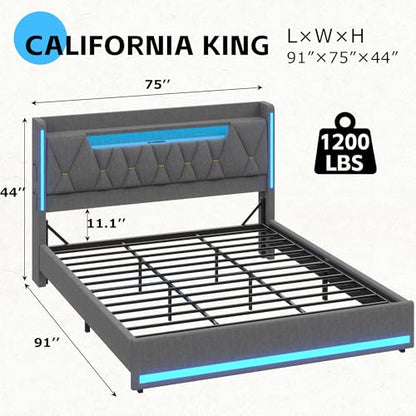 California King Bed Frames with Storage Headboard and LED Lights