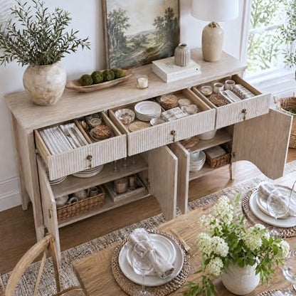 57" Fluted Sideboard Buffet with Storage, 4 Doors & 3 Drawers, Oak