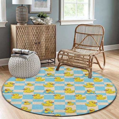 Women's Large Home Decor Mat, Soft Round Yoga Carpet, Non Slip Machine Washable Home Office Circle Rug Blue Checkered Funny Rubber Duck, 36inch