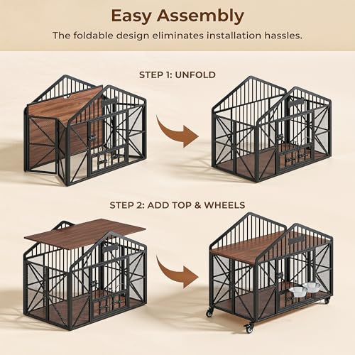 41.5" Foldable Dog Crate Furniture with 5 Wheels & Adjustable Bowls