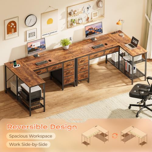 47 Inch L Shaped Desk with Power Outlets, 5 Fabric Drawers