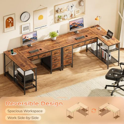 47 Inch L Shaped Desk with Power Outlets, 5 Fabric Drawers