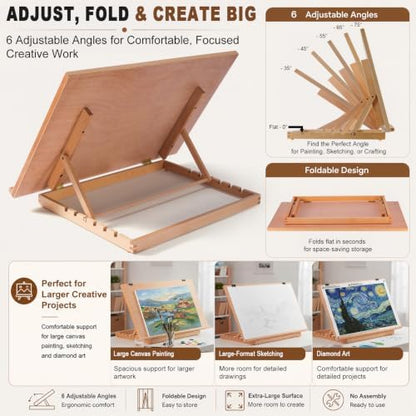 24.9"x17.3" Beechwood Tabletop Easel with Paint and Sketch Papers,Mask Tape