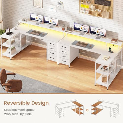 L Shaped Gaming Desk with 4 Drawers, Shelves, Power Outlets, White