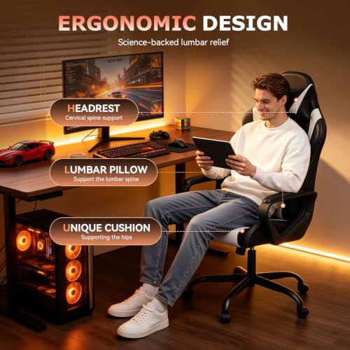 Ergonomic Gaming Chair for Adults, Video Game Chair, White
