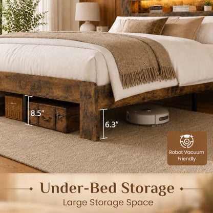 Farmhouse Queen Bed Frame, Storage Headboard with LED Charging, Brown