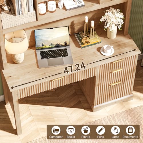 Fluted Computer Desk with Hutch, Wood Executive Desk with Ample File Drawer, Home Office Desk with Drawers for Study, Bedroom, Living Room, Natural