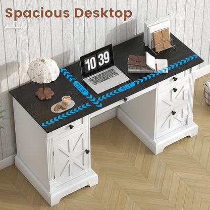 55'' Farmhouse Executive Desk with Drawers, White