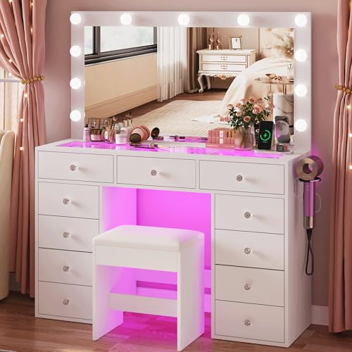 45" Large White Vanity Desk with Vibrant RGB Lighting.
