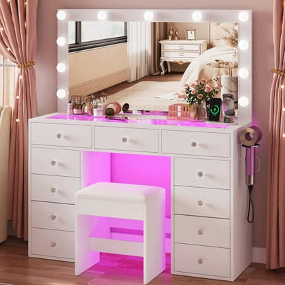 45" Large White Vanity Desk with Vibrant RGB Lighting.