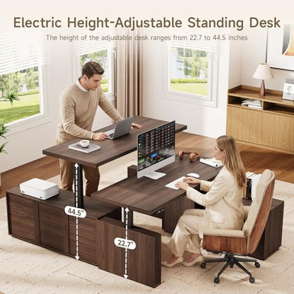 63" L Shaped Standing Desk w/File Cabinet, Sit Up Desk, Walnut