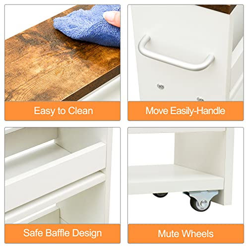 Slim Rolling Storage Cart, Wood 4-Tier Narrow Kitchen/Laundry Cart