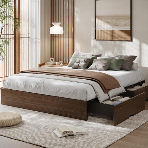 Wood Platform Bed Frame, King Bed Frame with 2 Drawers