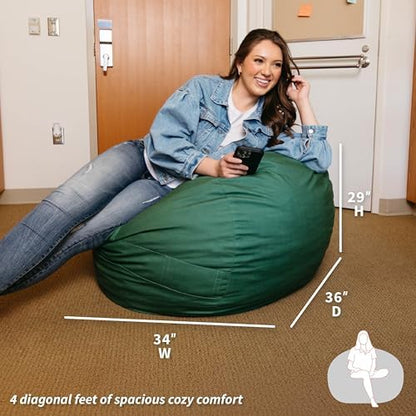 Big Joe Fuf 4Ft Foam Bean Bag Chair with Removable Cover for Kids, Teens, Collegiate Green Velveteen, Durable Woven Polyester, 4 Foot Large Reading and Gaming Seat