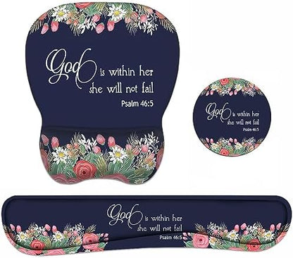Ergonomic Mouse Pad Wrist Support and Keyboard Wrist Rest Set with Coasters, Non-Slip PU Base, Easy Typing & Pain Relief, Perfect for Home Office Working Studying, Floral Quote Bible Verse Psalm 46:5