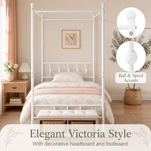 Twin Canopy Bed Frame with Headboard and Footboard (White)