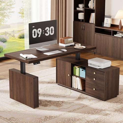 63" L Shaped Standing Desk w/File Cabinet, Sit Up Desk, Walnut
