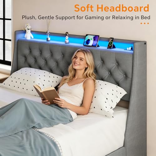 Queen Bed Frame with 2 Storage Drawer, Queen Size Bed Frame, Grey