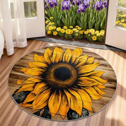 Sunflower Round Rug - 3ft Washable Sunflower Round Area Rug for Bathroom, Western Country Circle Rugs Soft Non-Slip Carpet for Kitchen Bedroom Kids Room Decor Mat