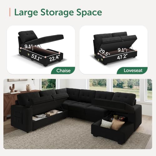 111.4'' Modular Sectional Sleeper Sofa with Pull Out Bed,Black