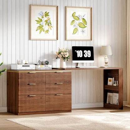 Computer Desk with 6 Drawers, 78" Modern Writing Desk with 0.98" Thickened Desktop & Storage Shelves, Adjustable direction & Extendable Executive Office Desk Study Table for Home Office, Walnut