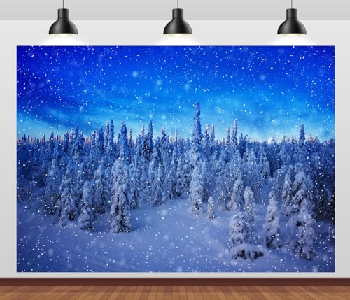 BELECO 5x3ft Fabric Winter Snow Forest Backdrop Snowy Pine Forest Snowflakes Blue Winter Wonderland Background Christmas Party Decorations Banner Photo Video Props - size: 5x3FT