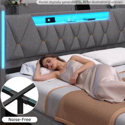 California King Bed Frames with Storage Headboard and LED Lights