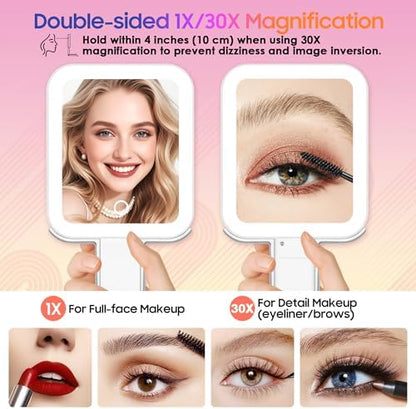 GOMIPURU Magnifying Travel Mirror with Light, 30X/1X Double-Sided Magnifying Mirror with 3 Color Lights, Brightness Adjustable, Foldable Handheld Makeup Mirrors Portable for Travel and Desktop, Sliver