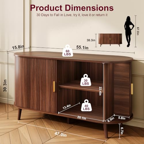55" Fluted Sideboard Buffet Cabinet with Storage & Sliding Door