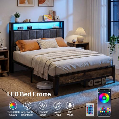 Full Size Bed Frame with Headboard, LED Light & Charging Station