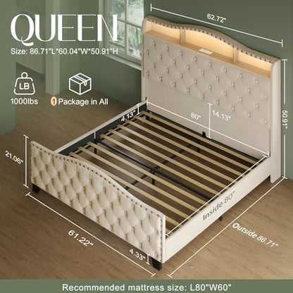 Platform Bed Frame with 50.9" LED Headboard, Queen Beige