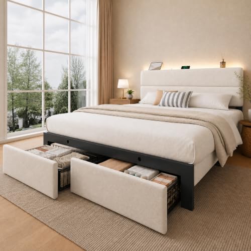 Queen Bed Frame with 2 Storage Drawers, Light Beige Velvet Upholstered