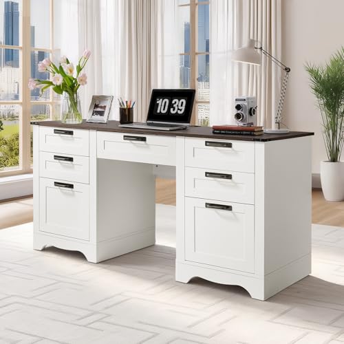 60" Executive Desk with Drawers, Farmhouse Home Office Desk with Charge Station, Keyboard Tray, File Storage Cabinet, 200 LBS Load Capacity Wood Table, Easy Assembly, for Work Study, Walnut