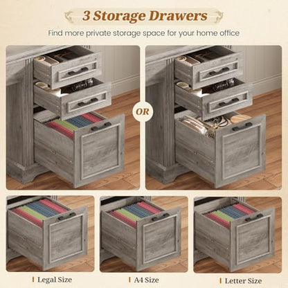 Office Desk with 3 Drawers, 47.2" Executive Computer Desk with Storage Drawers and Hutch Cabinet, Wood Farmhouse Desk with Power Outlet for Home Office, Grey