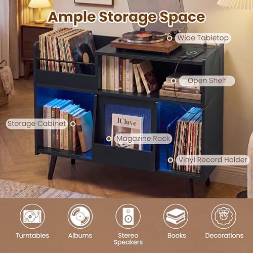 Large Record Player Stand with LED Light & Sliding Door, Black