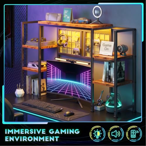 5-Tier LED Desk Hutch, Desk Shelf for Dorm Home Office, Rustic Brown