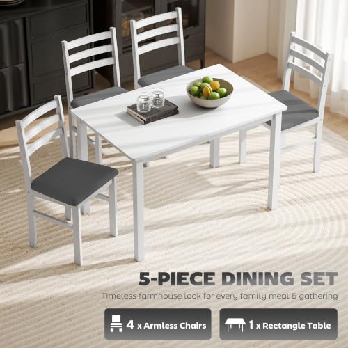 5-Piece Dining Table Set for 4, Solid Rubber Wood Legs, White