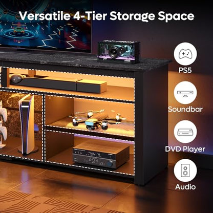 Tall TV Cabinet with LED & Storage, 80", Black Marble Gaming Stand