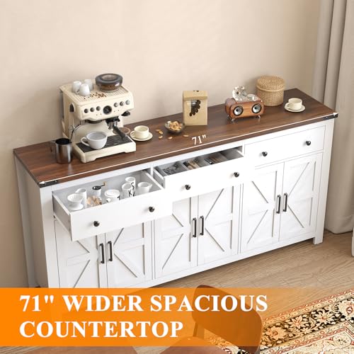 71" Large Sideboard Buffet Cabinet with Storage, Modern Farmhouse Coffee Bar with 3 Drawers and 6 Barn Doors, Dining Room Storage Cabinet, for Kitchen, Living Room, White Wood
