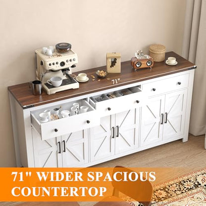 71" Large Sideboard Buffet Cabinet with Storage, Modern Farmhouse Coffee Bar with 3 Drawers and 6 Barn Doors, Dining Room Storage Cabinet, for Kitchen, Living Room, White Wood