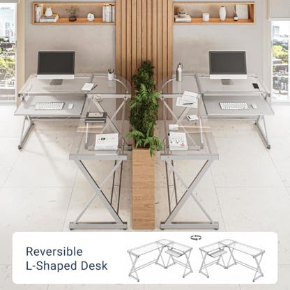 L Shaped Desk with Keyboard Tray & Tempered Glass Desktop