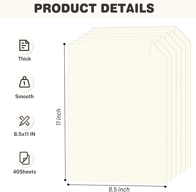 Cream Cardstock 8.5 X 11, 40 Sheets Card Stock, 75lb/ 200gsm Copy Paper, Cardstock Printer Paper For Art, Drawing, Invitations, DIY Cards, Craft, Construction, School & Office Supplies