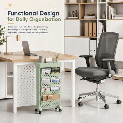 5-Tier Rolling Bookshelf Cart with Wheels, Green