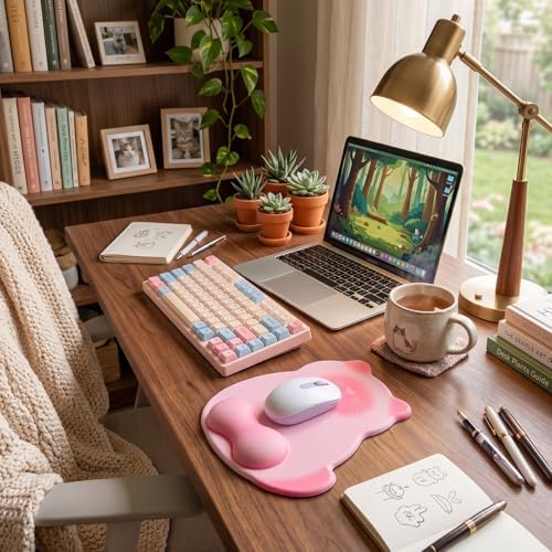 Gel Mouse Pad with Wrist Rest for Mouse Ergonomic Cat Mouse Wrist Rest Non-Slip Silicone Cute Mousepad with Wrist Support for Computer Desk Gaming Laptop Home Office Desk Accessories Pink