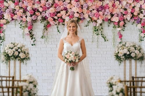 8x6ft Loral Wall Backdrop White Brick Flower Background Pink Rose Wedding Backdrop Romantic Garden Party Decoration for Bridal Shower Baby Shower Birthday Photo Booth - size: 8x6ft