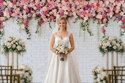 8x6ft Loral Wall Backdrop White Brick Flower Background Pink Rose Wedding Backdrop Romantic Garden Party Decoration for Bridal Shower Baby Shower Birthday Photo Booth - size: 8x6ft