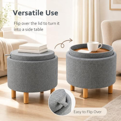 Round Storage Ottoman with Tray, Accent Storage Footstool, Gray